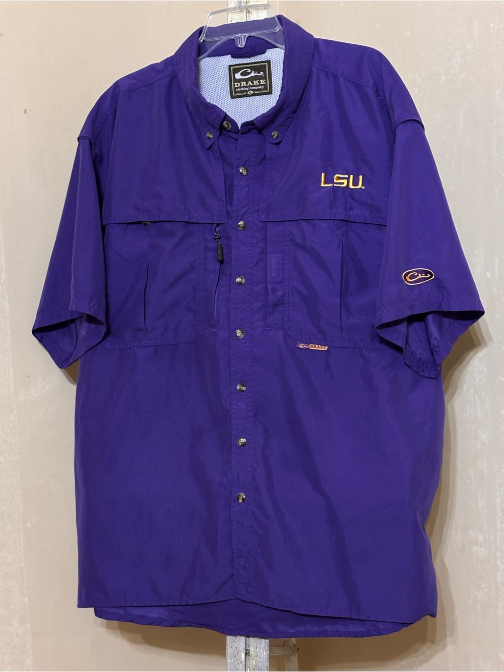 Drake Men’s Purple Short-Sleeve Button-Down LSU Shirt Sz XL